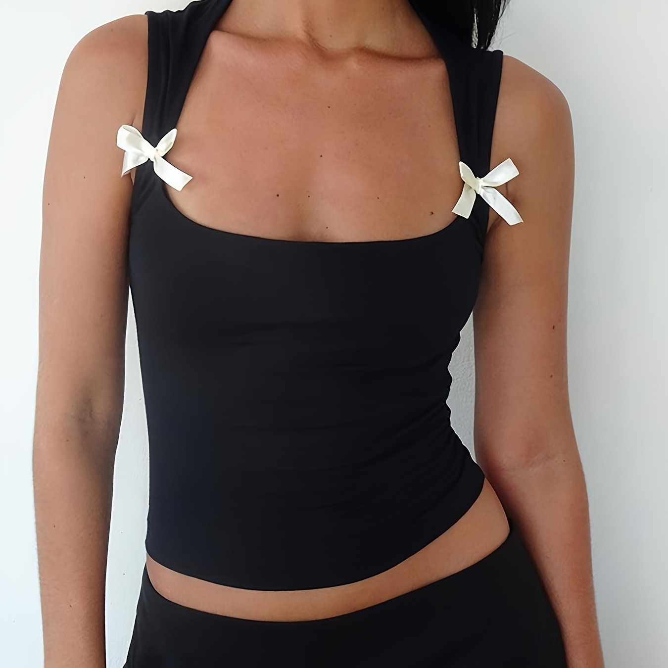 

Bow Decor Crop Tank Top, Casual Sleeveless Tank Top For Summer, Women's Clothing