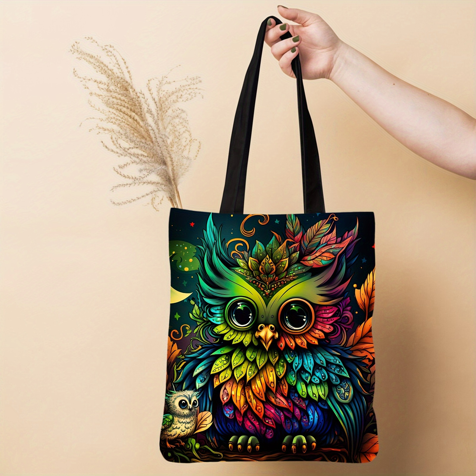 

Cute Owl Print Canvas Tote Bag, Lightweight Shoulder Bag, Versatile Shopper Bag Women Gift