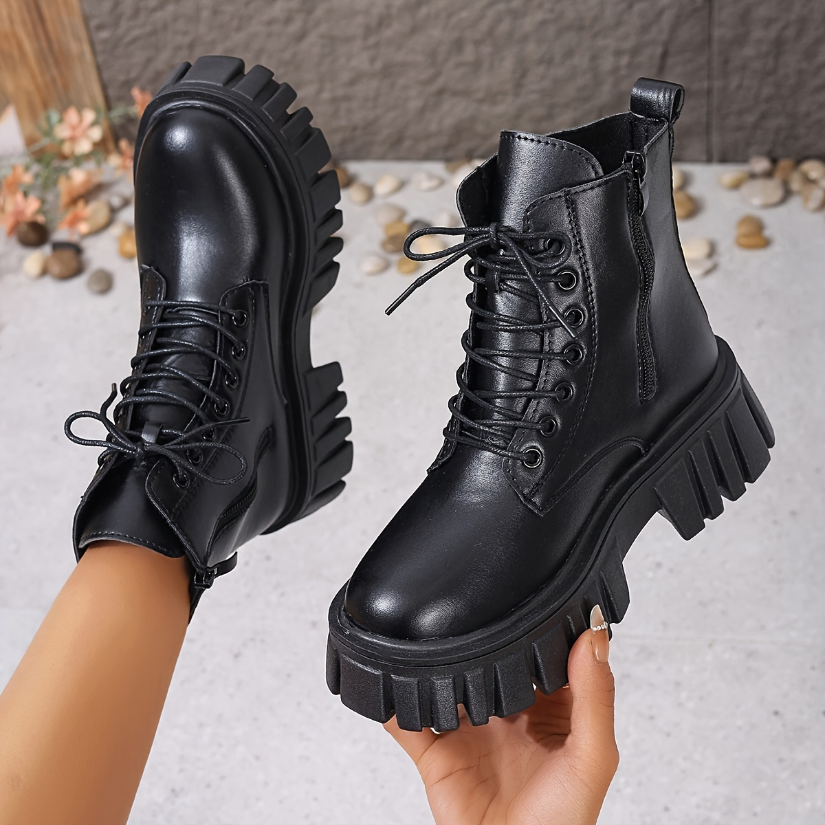 

Women's Fashion Ankle Combat Boots, Black Lace-up Platform Chunky Boots, Casual Short Boots With Side Zipper
