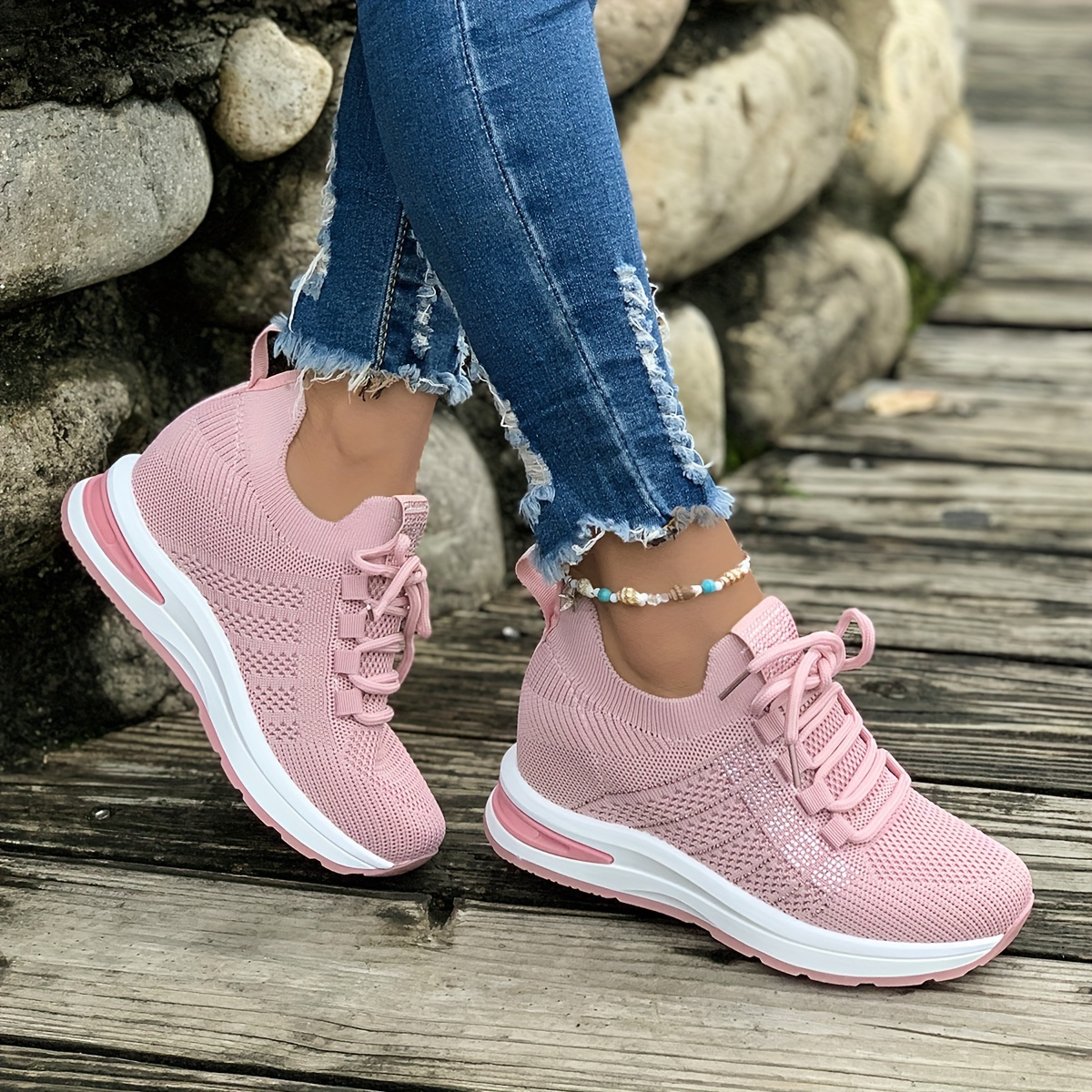 

Women's Flying Woven Mesh Sneakers, Lace Up Low-top Round Toe Heightening Breathable Shoes, Casual Outdoor Daily Shoes