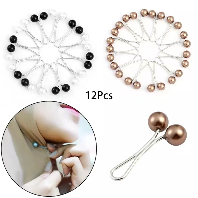 

12pcs Headscarf Shawl Scarf Clip Set With Faux Pearls Simple Style Brooch Set For Women Anti Slip Brooch/ Hijab Clips