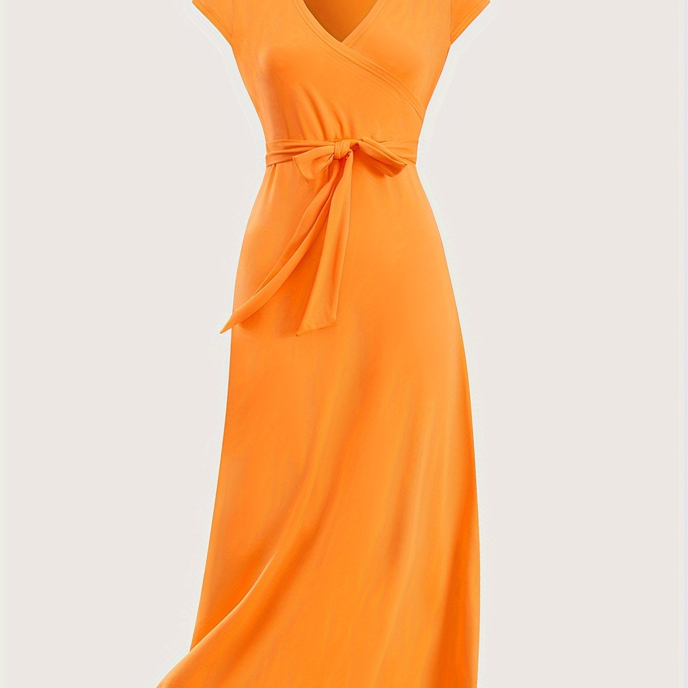 

Solid Surplice Neck Maxi Dress, Elegant Belted Short Sleeve Dress For Spring & Summer, Women's Clothing