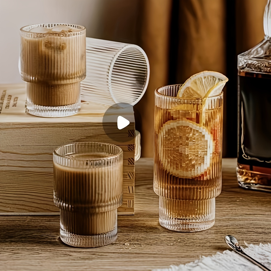 MEFFEE Tumbler Stripe Glass Cup, Vintage Glassware, Elegant Ribbed Glass Tumblers, Ribbed Glass Drinking Jars, Coffee Cup with Lid and Straw