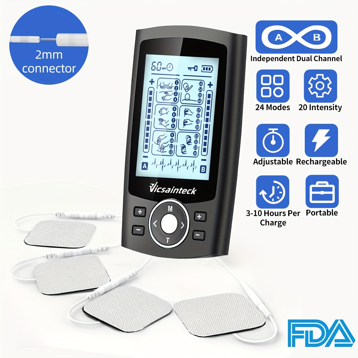 AUVON Dual Channel TENS Unit Muscle Stimulator with 20 Modes, Rechargeable  TENS Machine for Back/Neck/Lower Back/Leg/Muscle Pain Relief, with 4pcs 2