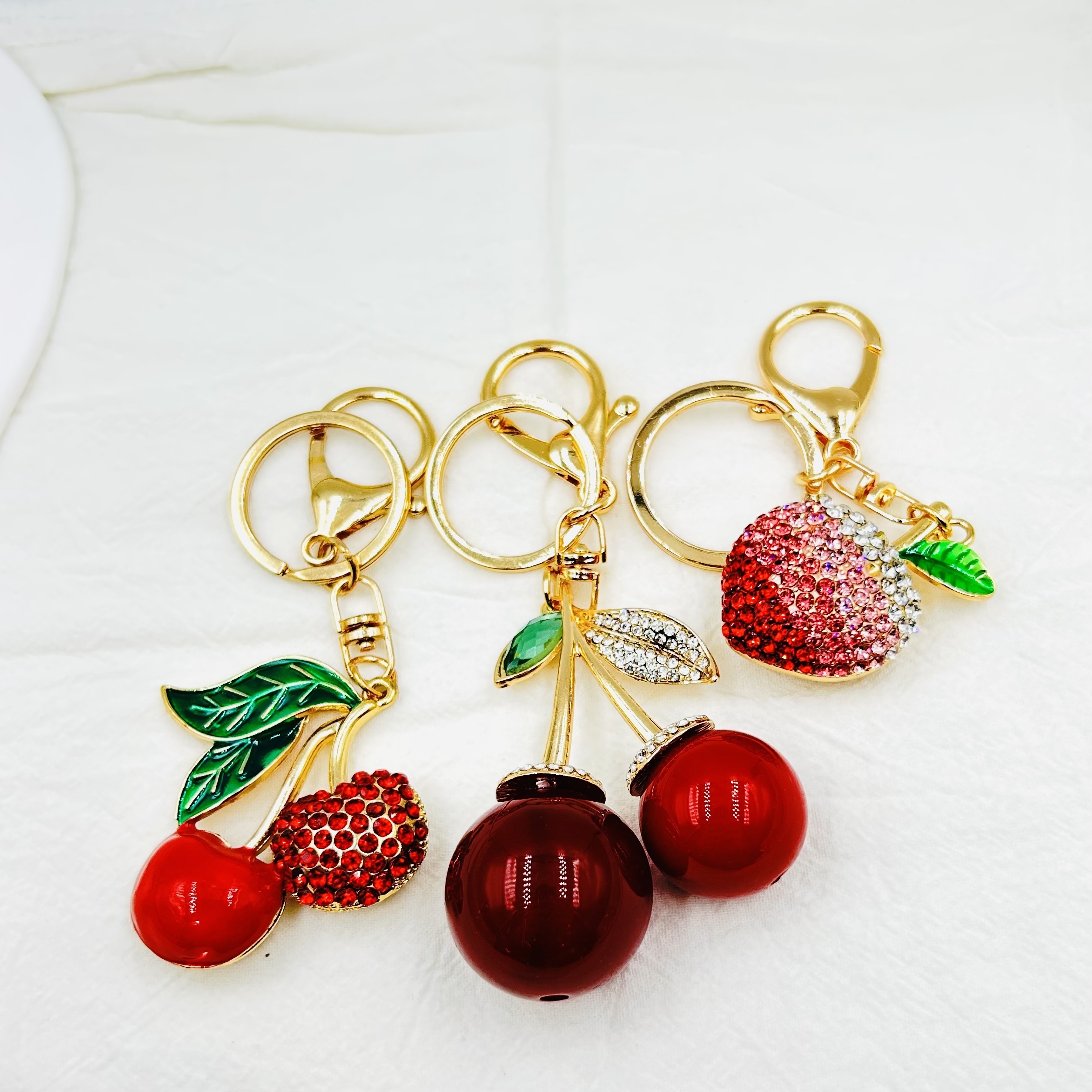 key tag Red Cherry Keychain Keyring Crystal Rhinestone Cute Fruit Female Bag
