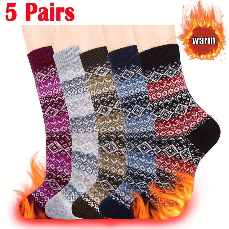 Winter Women Socks 5 Pairs Thick Knit Wool Socks Women Vintage Fuzzy Socks  for Women Assorted Color Womens Socks