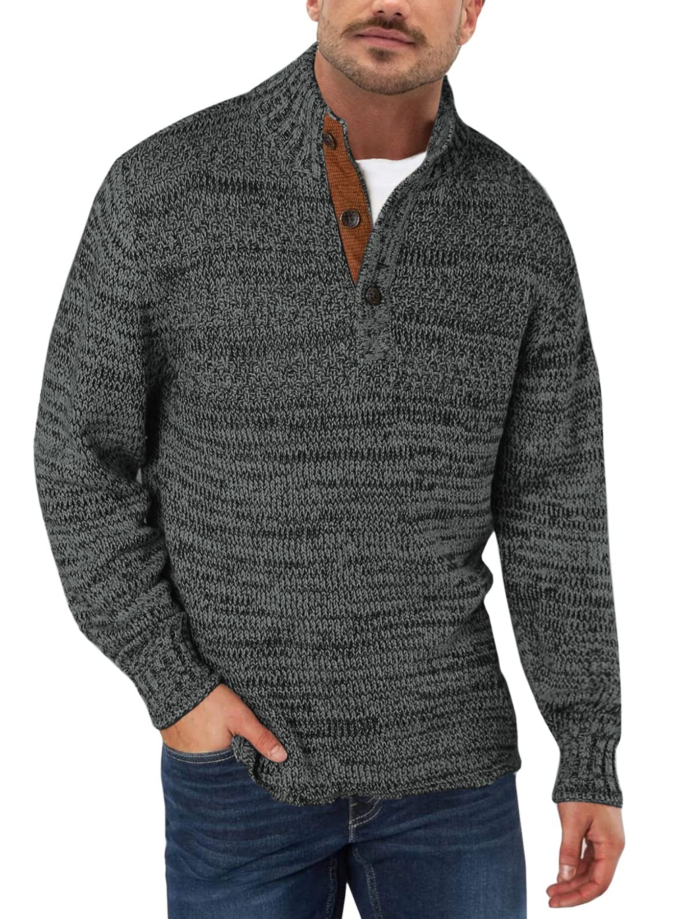 Men Quarter-zip Turtleneck Thicken Pullover Sweater Knitwear Mock Neck  Knitted