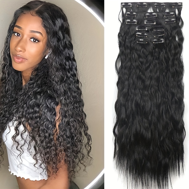 Long Natural Wave Full Head 5 Clips Hair Extension Clips In Hairpieces  Invisible Wire Long Curly Hairpieces Heat-Resistant Fiber Clip On In  Synthetic Hair Extensions For Women Girls Daily Use