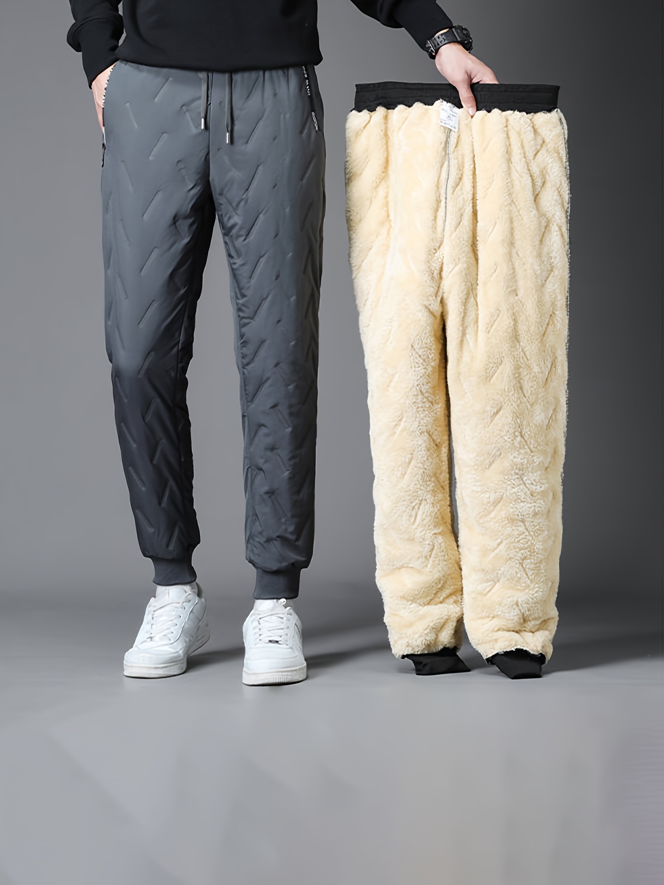 Pantalones de franela térmica para hombres, pantalones casuales de pierna  recta con cordón para el invierno al aire libre