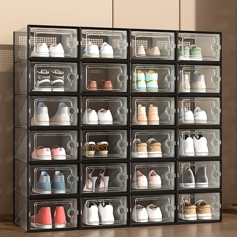 Paquete de 12 cajas de almacenamiento de zapatos transparentes apilables  para zapatos, estante organizador de zapatos con tapas, contenedores de pie