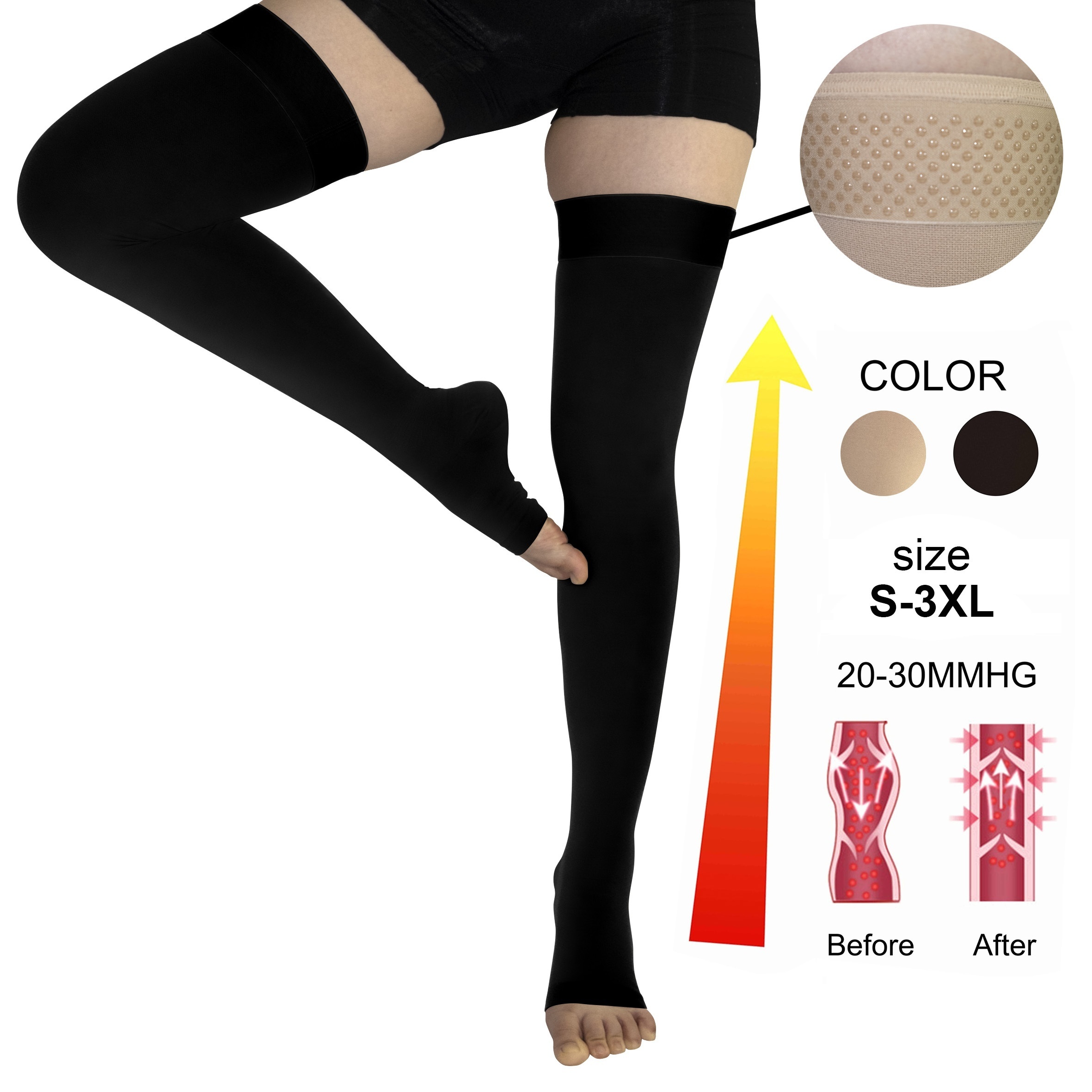 NEW (BIG & TALL 3XL) Open Toe Knee Length Zipper Up Compression Hosiery  Calf Leg Support Stocking Stocks (2-Pack Beige)