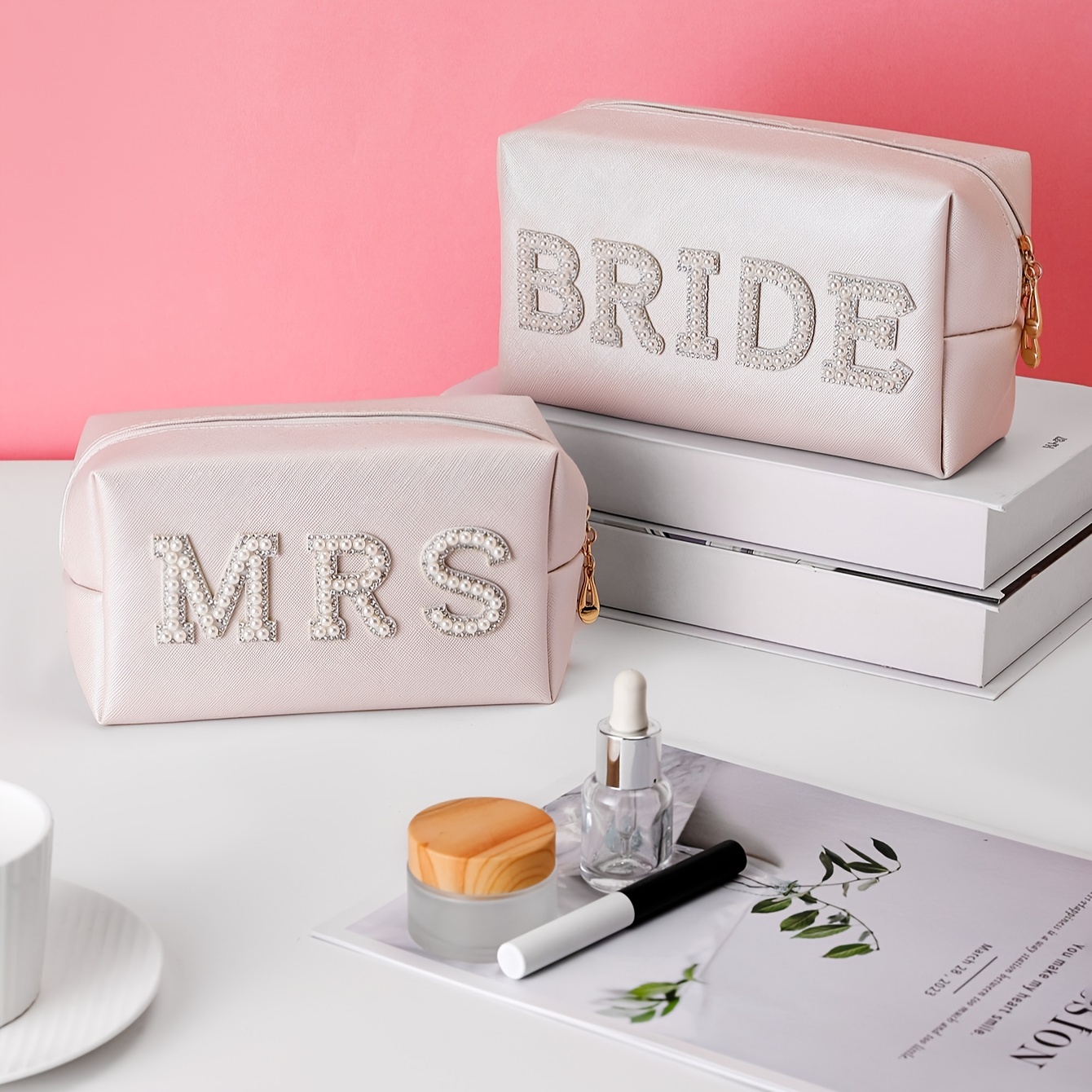 2 Pcs Bride and Groom Letter Patch Cosmetic Travel Toiletry Bag Women PU  Leather White Makeup