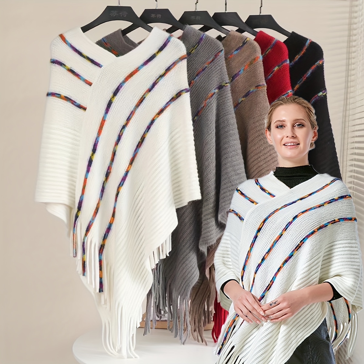 Elegante Poncho Con Borlas De Imitación, Poncho De Color Sólido Térmico  Para Otoño E Invierno, Ropa De Mujer