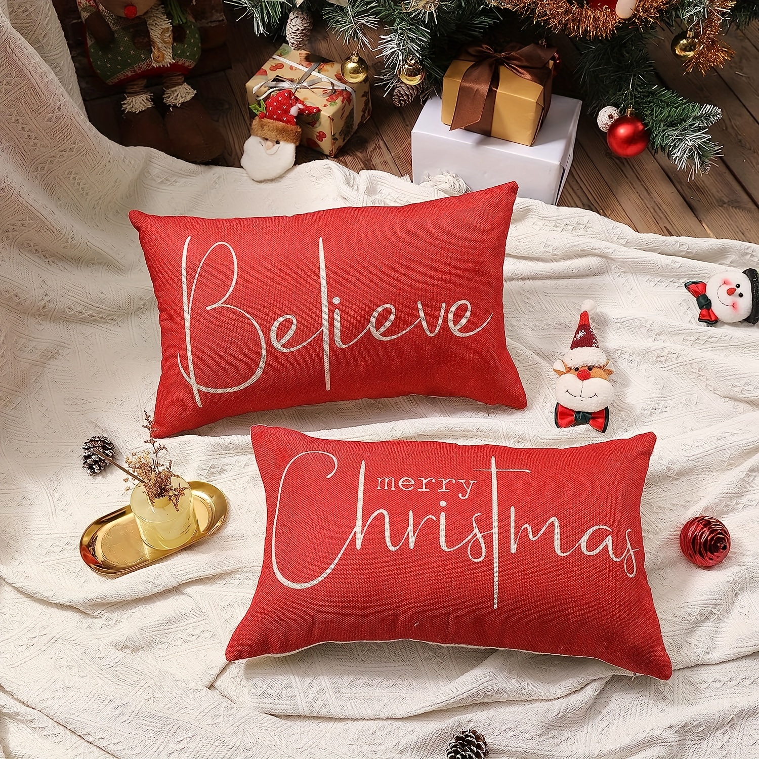 Set Of 4 Red Christmas Pillow Covers [17.7x17.7 Inches] With Reindeer,  Snowflake And Letter Print Pattern For Holiday Farmhouse Decor, Car Sofa Bed  Decoration; Home & Outdoor [pillow Core Not Included]