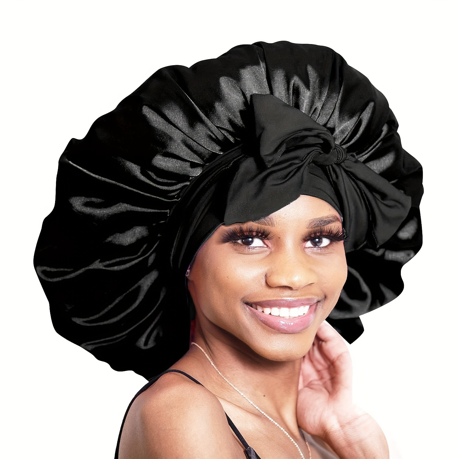 Gorro de seda para dormir de doble capa de satén ajustable para mujeres  negras, gorro de dormir reversible para cabello rizado (negro)