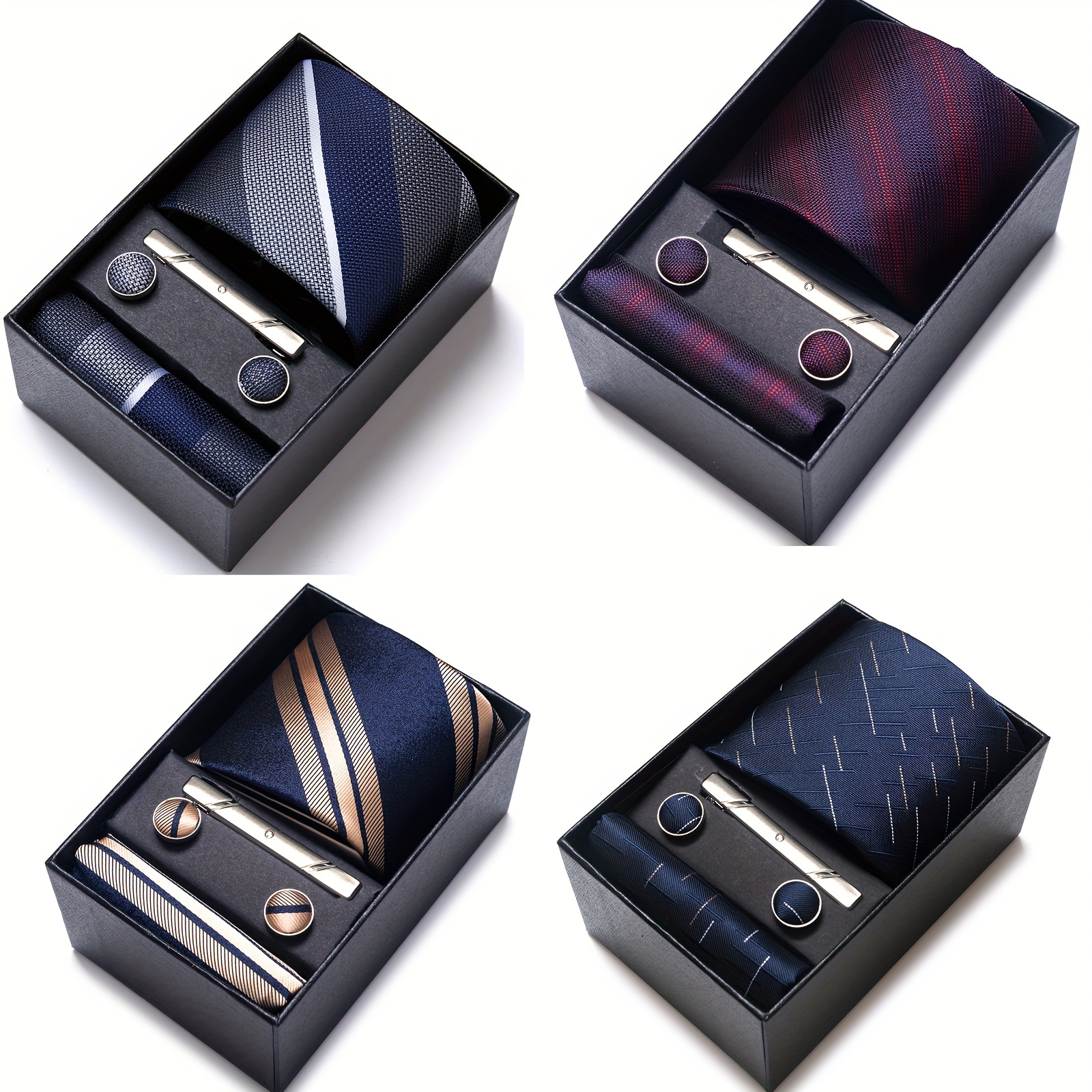 Mens Necktie Silver Ring & Handkerchief & Cufflinks Set for Business Accessories with Gift Box,men Jewelry,Temu