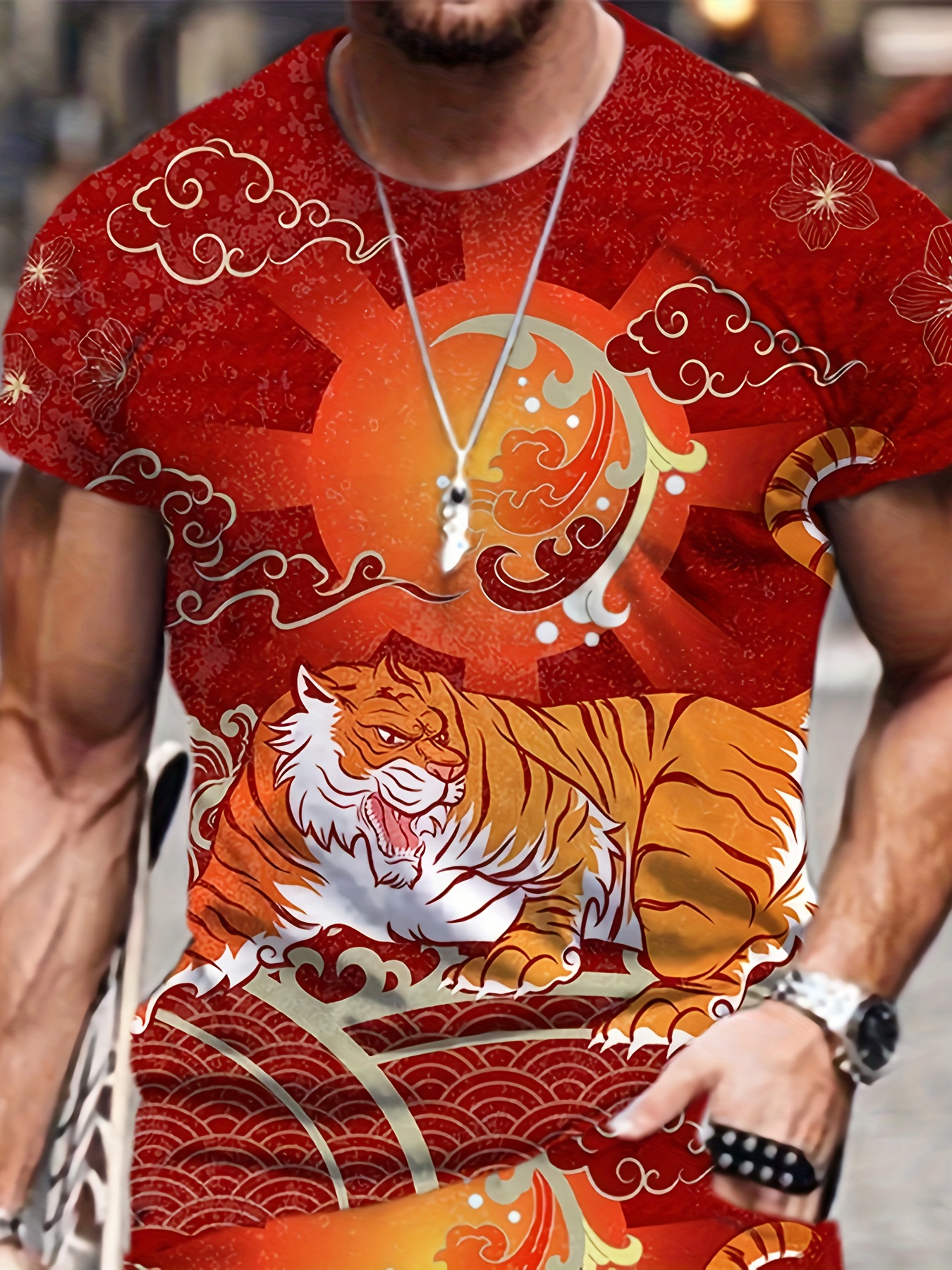 Trendy Tiger Print Men's T-shirt For Summer Outdoor, Chic Male Clothing -  Temu