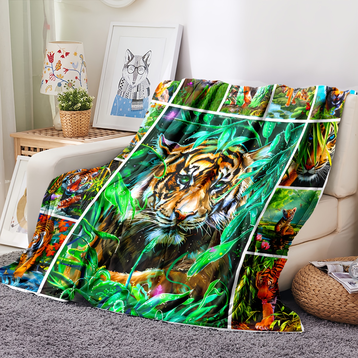 1pc Tiger Print Blanket For Boys Soft Warm Throw Blanket Nap Blanket For Couch Sofa Office Bed Camping Travel Multi purpose Gift Blanket For All Season