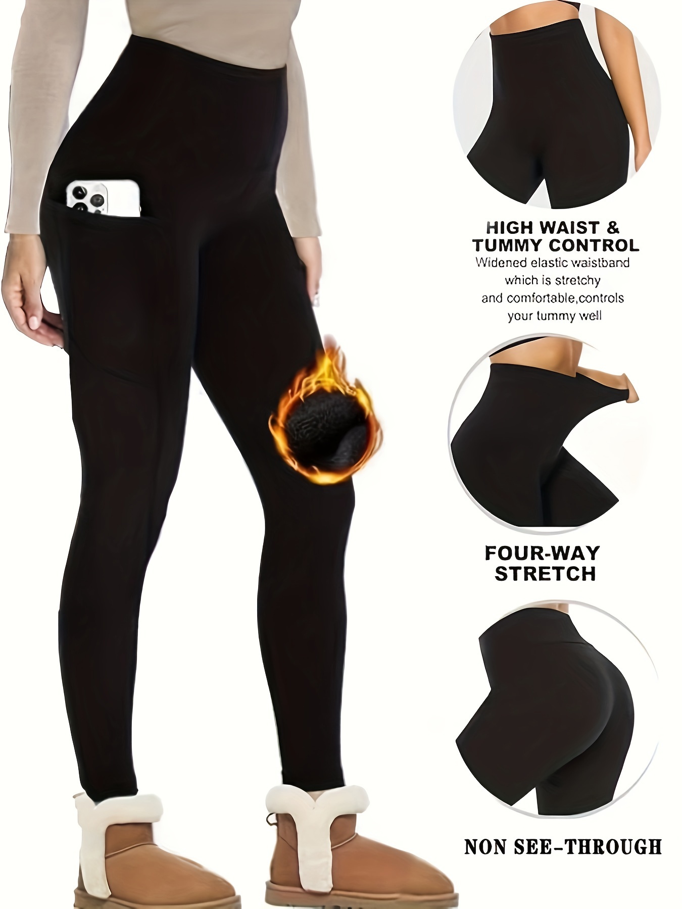 Solid Thermal Skinny Leggings Casual Stretchy Pocket - Temu