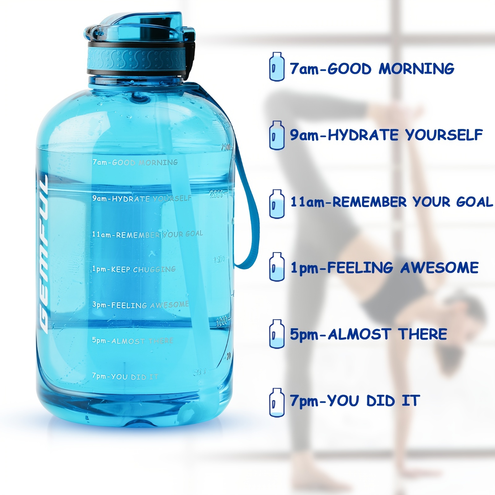 GEMFUL Large Water Bottle Motivational 3L - BPA Free Big Jug for Men Women