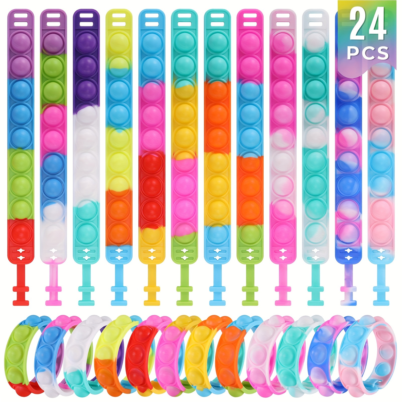 16 Pcs Bracelets Glow in The Dark Pop It Fidget Toy, Rainbow Party Favors, Anti-Anxiety Stress Relief Wristband Set, Push Bubbles Sensory Autistic