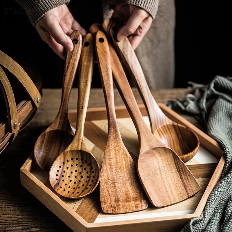  2 cucharas de esquina de madera, cuchara de cocina de madera,  espátula de bambú, espátula de utensilios de madera para el hogar, cocina,  utensilios de cocina antiadherentes, 12 pulgadas : Hogar