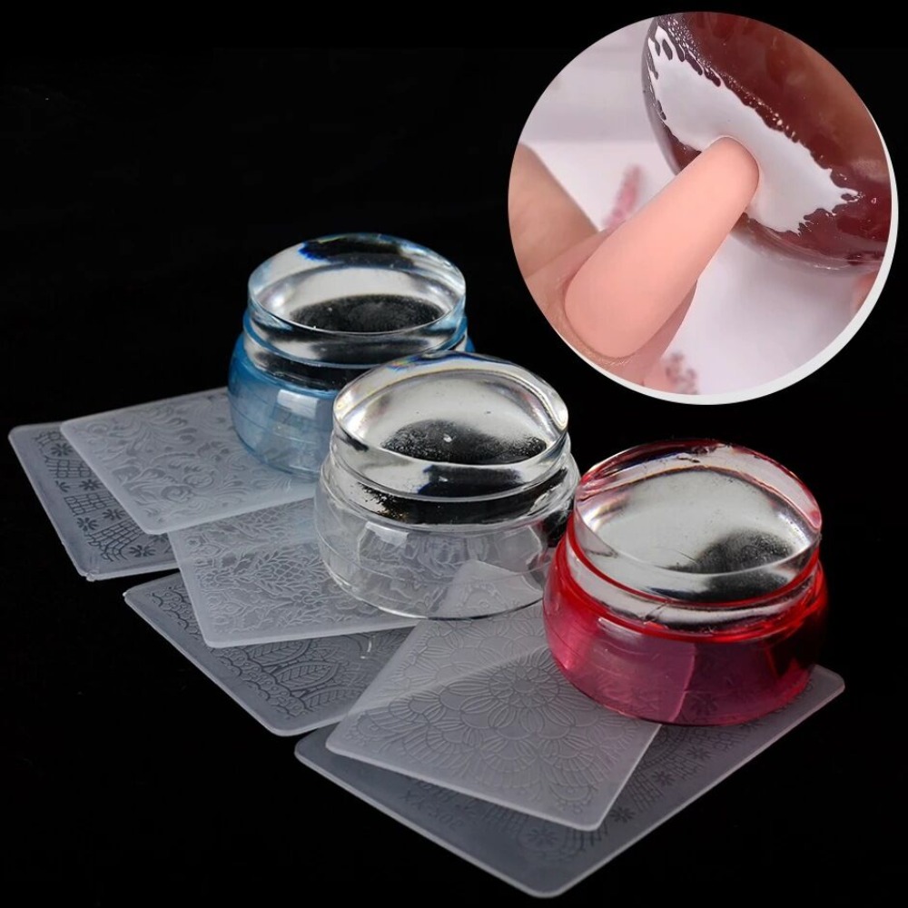 Jelly Silicone Nail Stamper,ABS Nail Art Seal With Cover Silicone  Transparent Handle,Nail Stamper Templates DIY Stamping Tool Nail Art