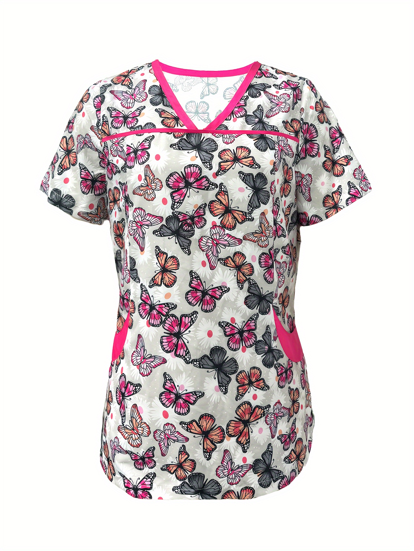 Butterfly Print Stretchy Scrubs Top Comfortable Functional - Temu