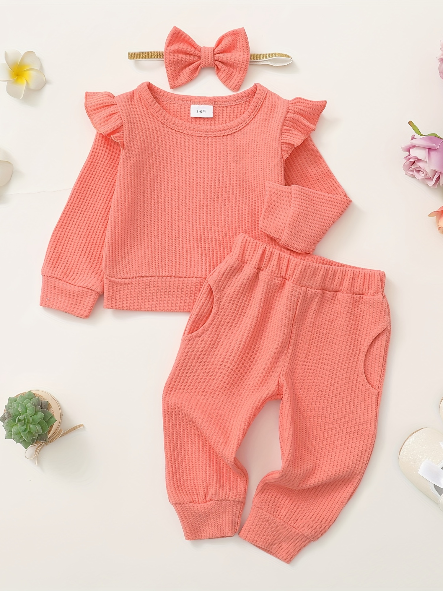 Conjunto de ropa infantil para bebé y niña, mangas con volantes, mameluco  acanalado, pantalones florales, ropa de bebé niña 0-24 (rosa, 0-3 meses)