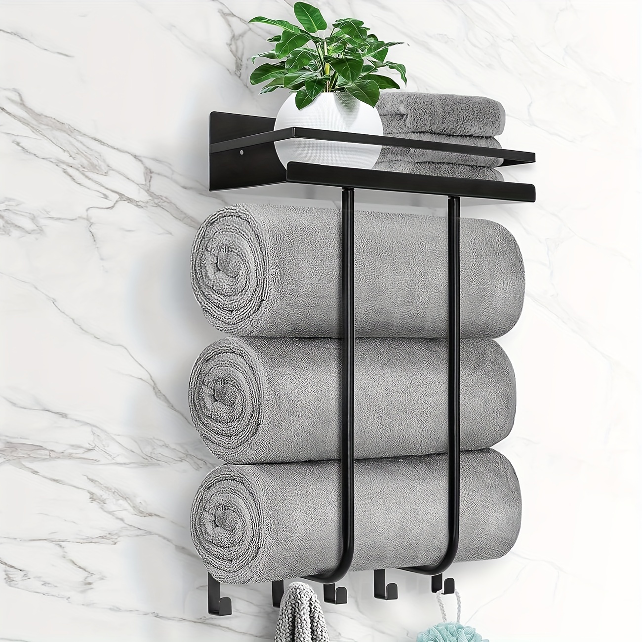 Toalleros para baño montados en la pared, nuevo toallero de pared 3 en 1  mejorado para toallas enrolladas, almacenamiento de toallas de baño con 3