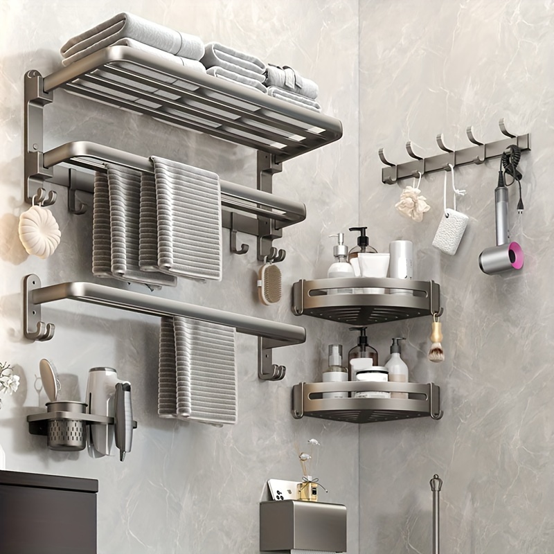 Toallero montado en la pared con estante de metal y 4 ganchos, toallero de  acero inoxidable para baño pequeño, almacenamiento de toallas de baño