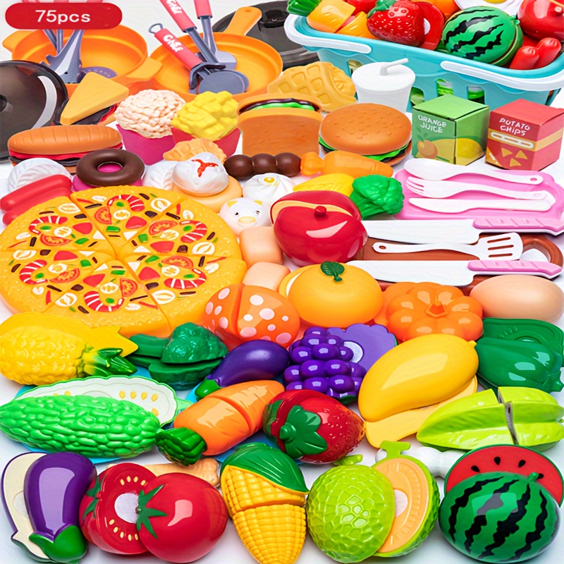  Juego de 75 piezas de comida de juguete de simulación, comida  falsa, pizza, frutas, verduras, juego de cocina con cesta de la compra,  regalo para niños y niñas de 3, 4
