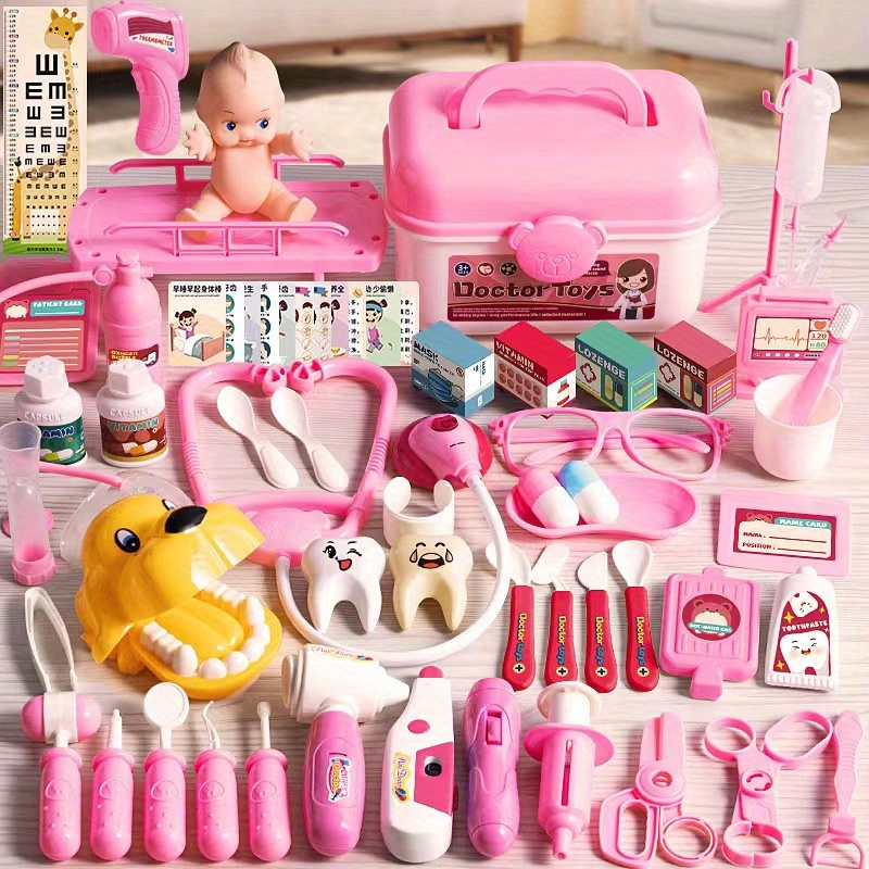 Toy Doctor Set - Ensemble de dentiste - Hippopotame - Rose - Set de Play -  13 pièces 