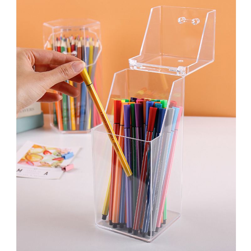 1pc Simple Transparent Acrylic Pen Holder Brush Storage Container Desk  Organizer Box Stationery Pen Holder Office Supplies