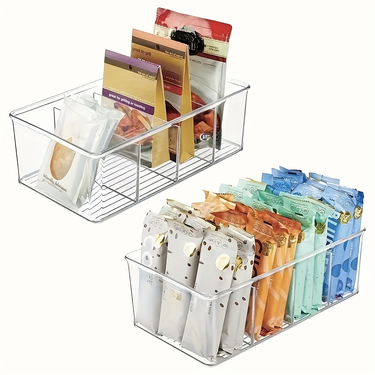 bHome - 2 Adjustable Snack Organizer Bins for Cabinet & Pantry Organization  And Storage Plastic Storage Bins For Kitchen Organization - Clear Acrylic