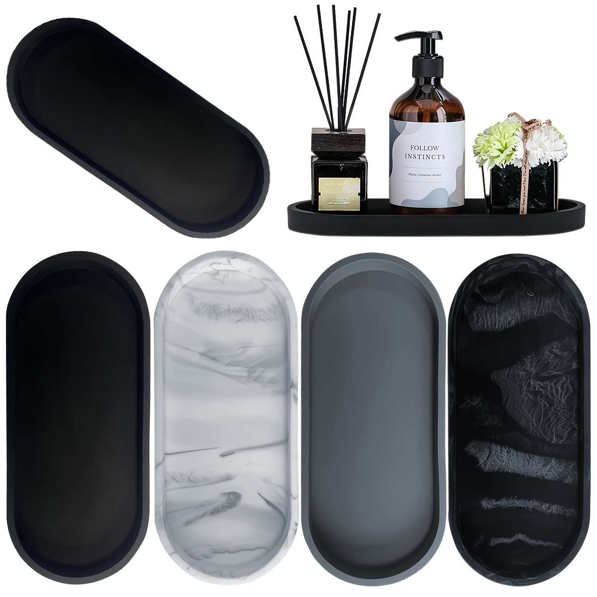  Set of 2, Modern 7.9 Black Silicone Tray for Bathroom,  Rectangle Flexible Soap Tray for Bathroom Kitchen Countertop, Sleek Small Vanity  Tray Organizer for Bathroom Accessories - Modern Black : Home