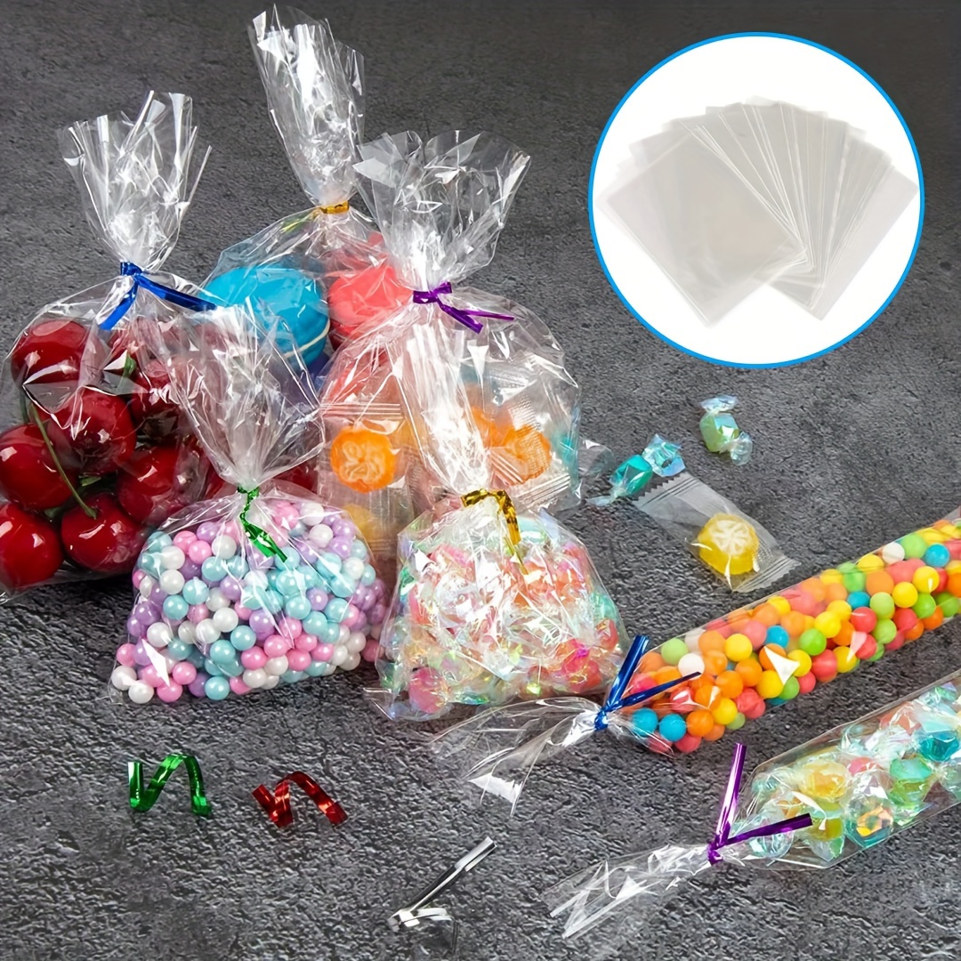 100PCS Clear Cellophane Treat Bags 8 X 12 Clear Resealable Flat Cello  Bags Sweet Party Gift Bags OPP Plastic Bag with Mix Colors Ribbons Bows for