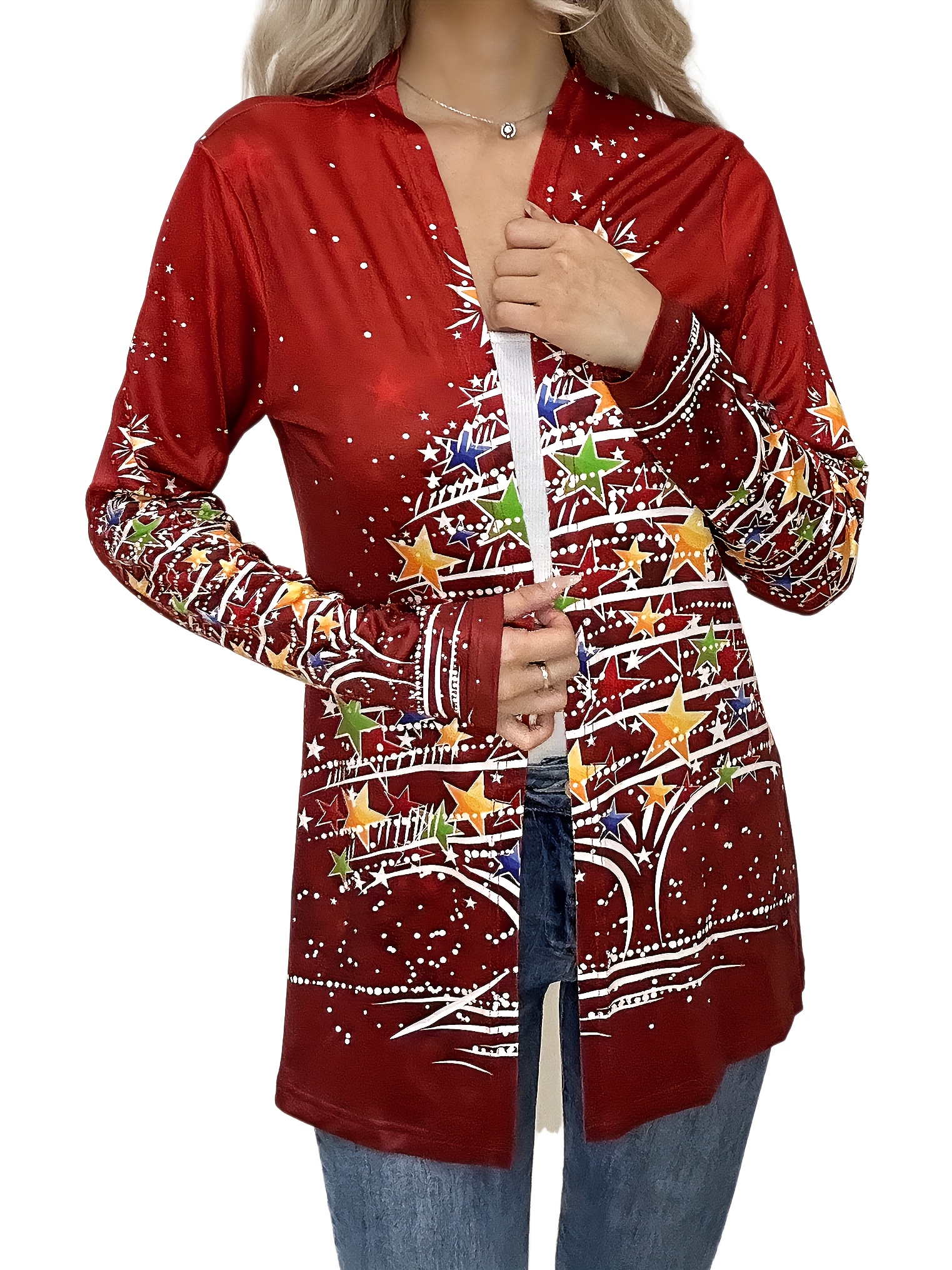 Plus Size Christmas Cardigan, Women's Plus Snowman & Snowflake Print Long  Sleeve Open Front Slight Stretch Cardigan