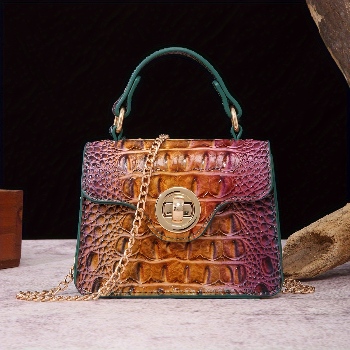 Multicolor Croc Printed Embossing Leather Mini Tote Handbag