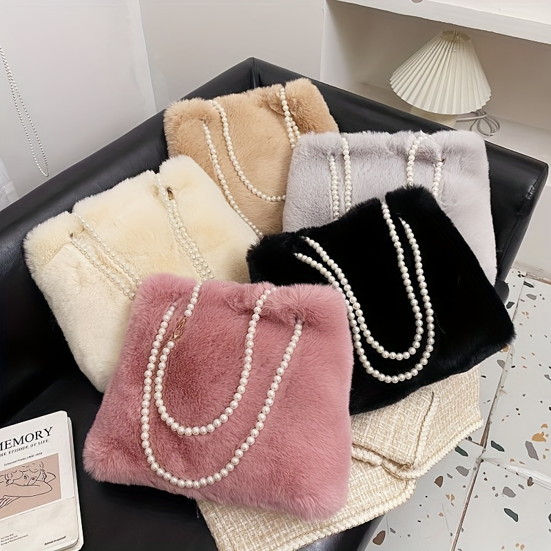 Elegant V Shape PU Leather Pearl Decor Shoulder Bag Tote Ladies