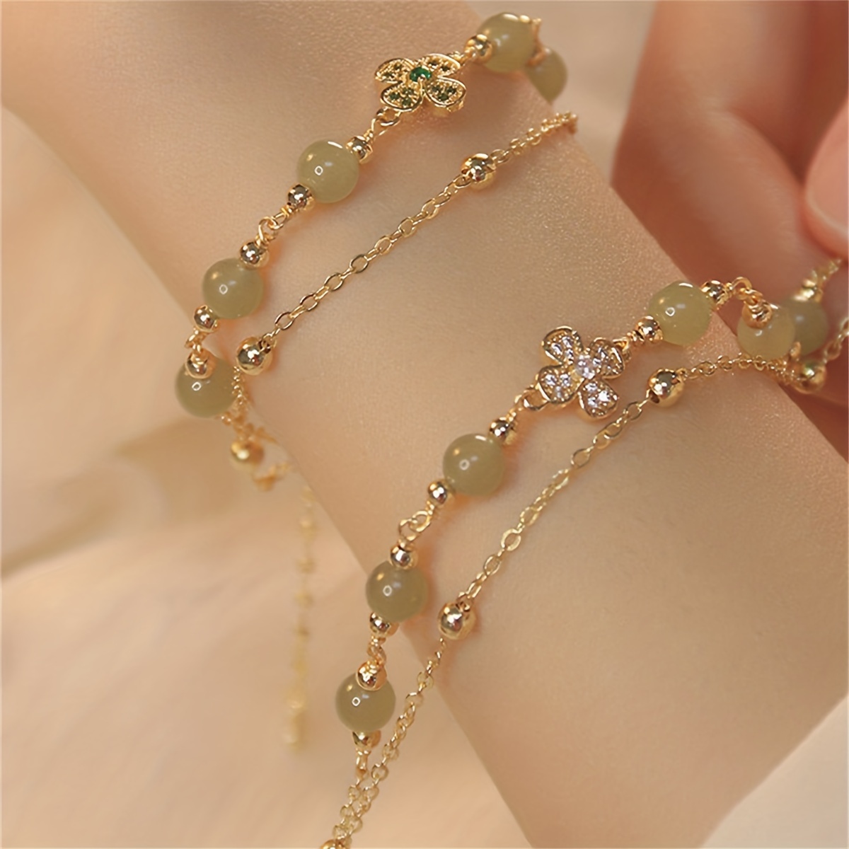 SHINYY Four Leaf Clover Bracelet for Women 18K Gold Plated Stainless Steel Lucky 4 Leaf Link Bracelet Wrist Jewelry for Mother and Daughter (Green