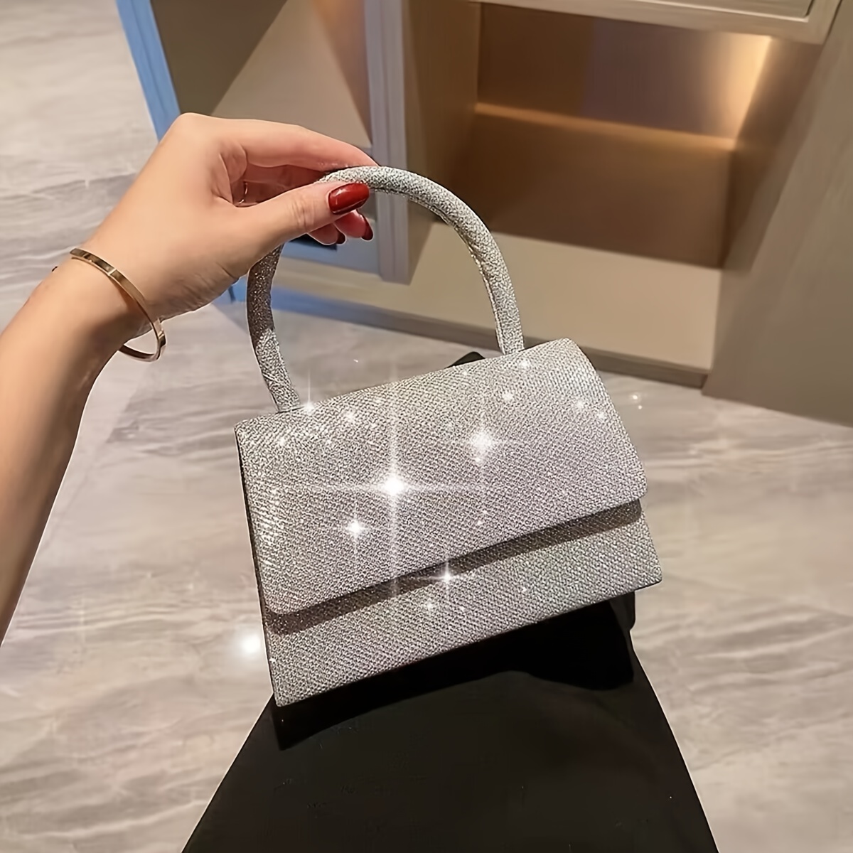 Mini Silver Top Handle Glitter Evening Bag, Chain Shoulder Bag