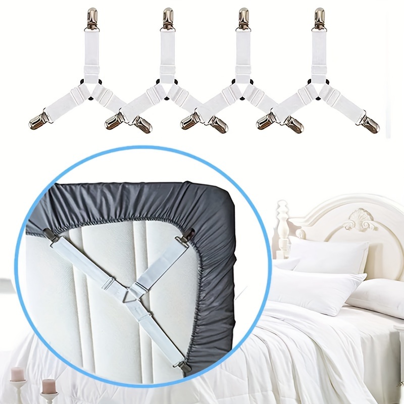 Bed Sheet Fasteners, Adjustable Mattress Suspenders, Mattress Cover Straps,  Bed Corner Holder and Keepers and the Bed Sheet Grippers Clips (Triangle 