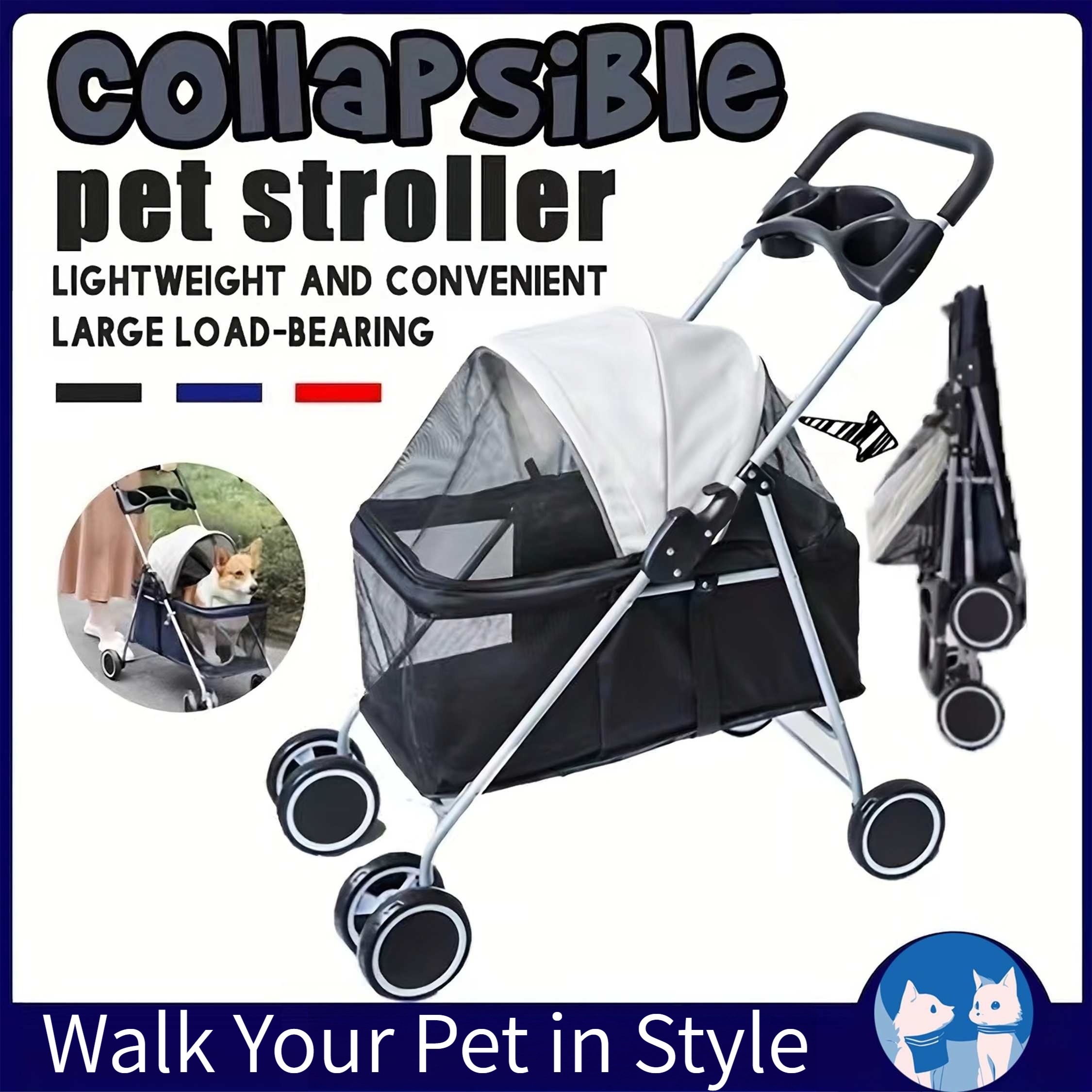 4 Wheel Lightweight Pet Stroller Outdoor Portable Foldable Cart Breathable  Dog Trolley Load Bearing 20kg Carrier