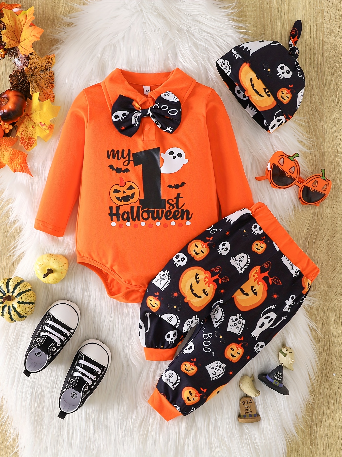 Halloween Baby Boy/girl Cotton Batwing Sleeve Pumpkin & Letter Print  Jumpsuit With Hat Set - Temu Poland