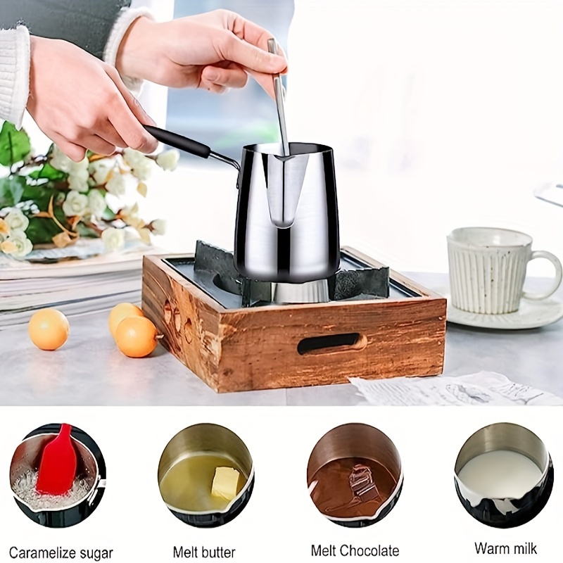 Milk Pan With Pour Spout, Butter Warmer Milk Pot Non-stick Stainless Steel  Small Soup Pot Tea Coffee Boiling Pot With Wooden Handle(1pc, Silver)