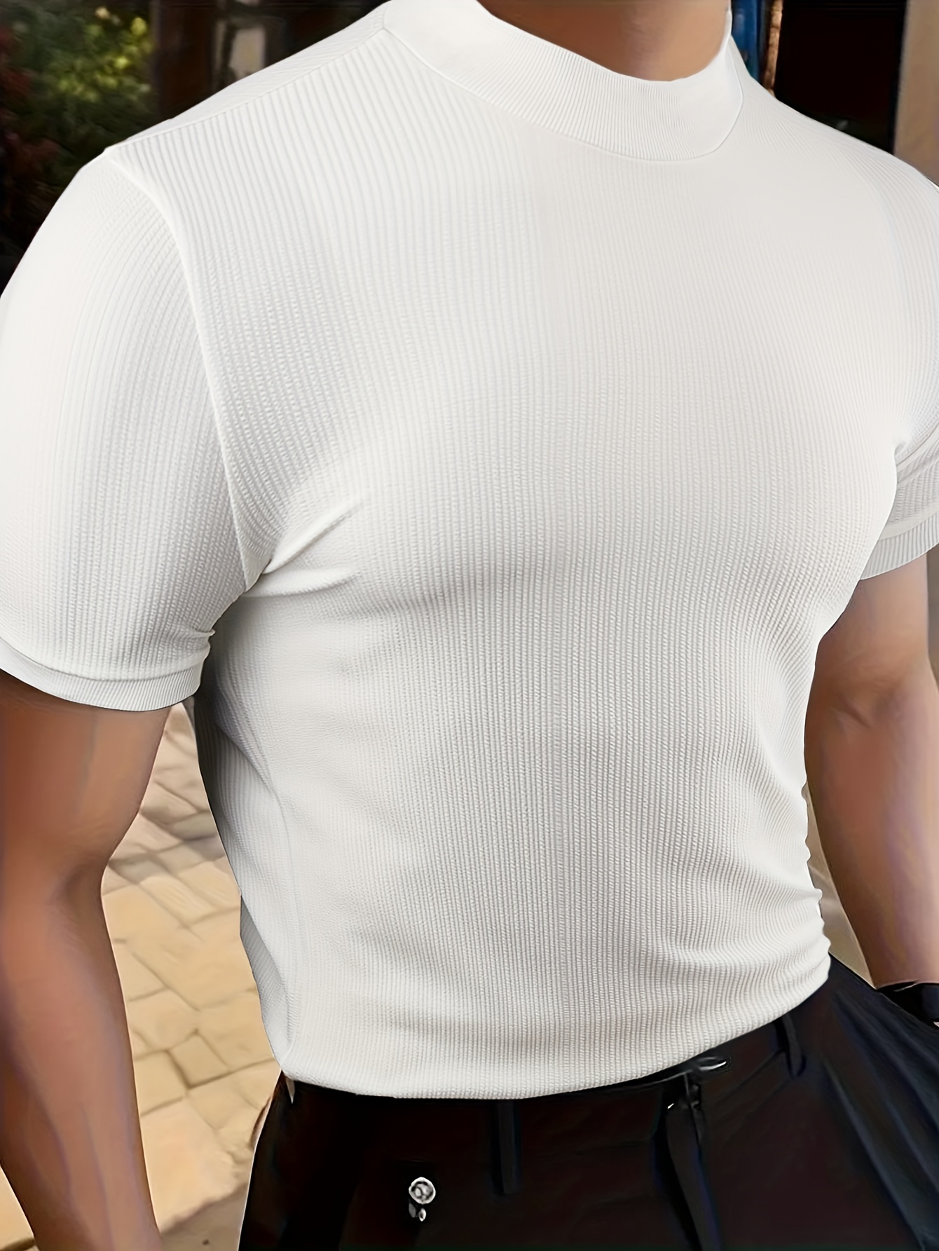 Camiseta de cuello alto falso para hombre, camiseta sólida de verano, blusa  de cuello alto, cuello alto, manga corta, camisa deportiva para hombre