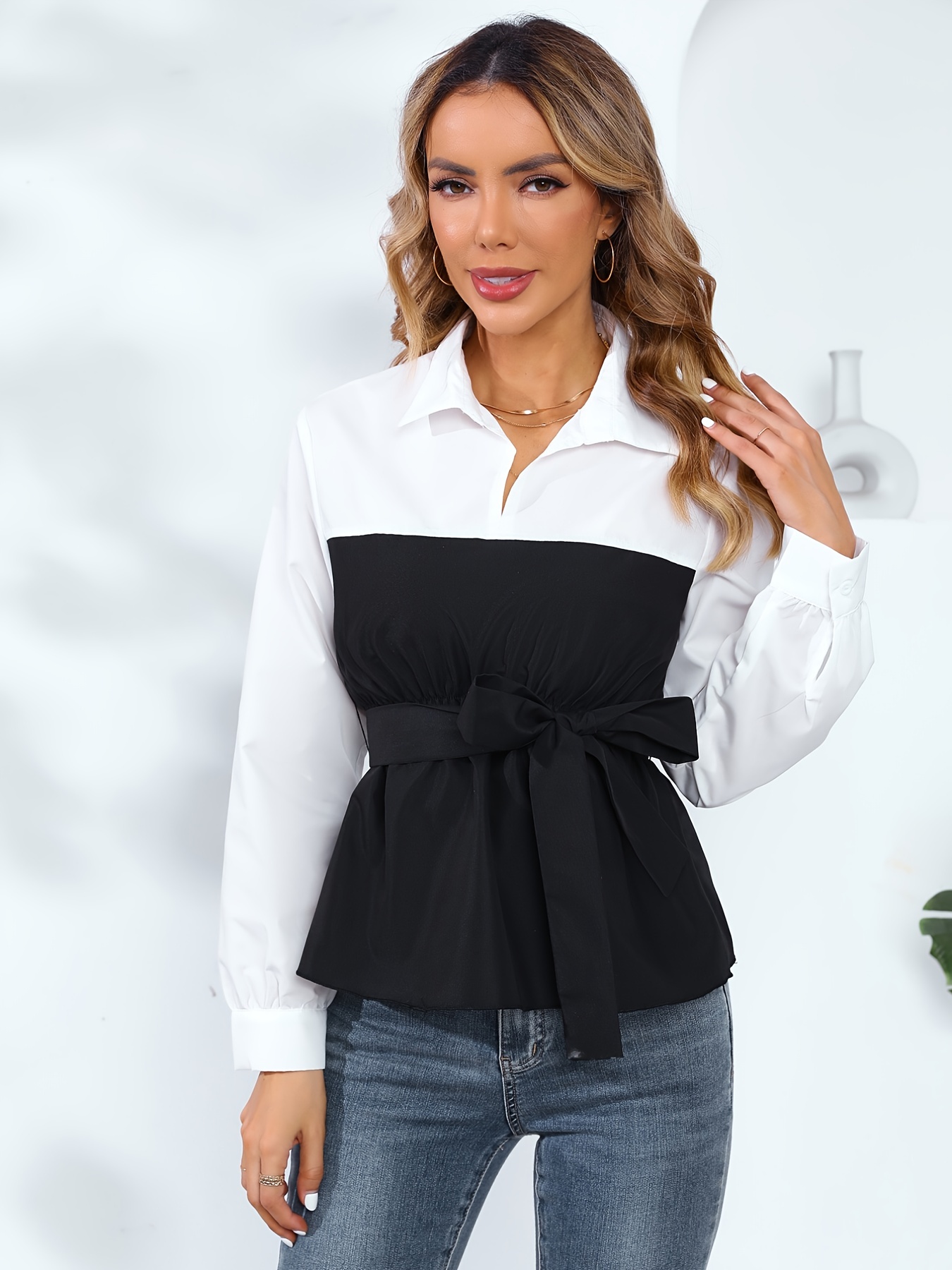 Elegant Solid Two piece Set Long Sleeve Tiered Peplum Top - Temu