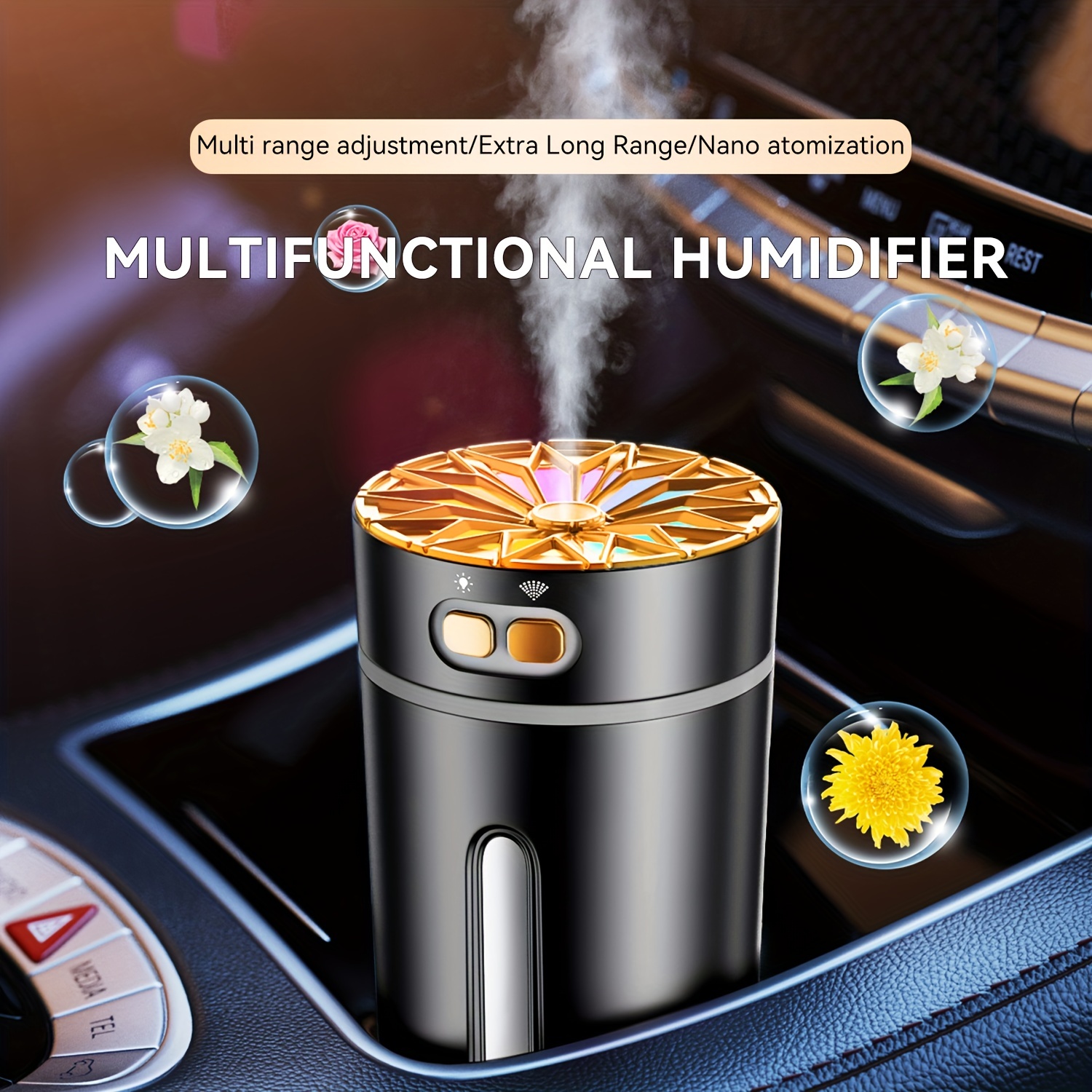 Diffuseur Huiles Essentielles USB 60ml, Humidificateur d'air Ultrasonique  Diffuseur de Parfum avec Mode Brume Réglable, 7 Couleurs Lumières LED,  Arrêt