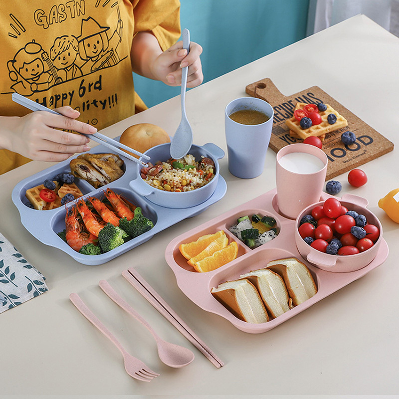 8 Pcs Large 12 Inch Unbreakable Divided Plates Section Plates Kids Food  Tray 5 Compartment Plates Wheat Straw Toddlers Lunch Trays for Kid Toddler